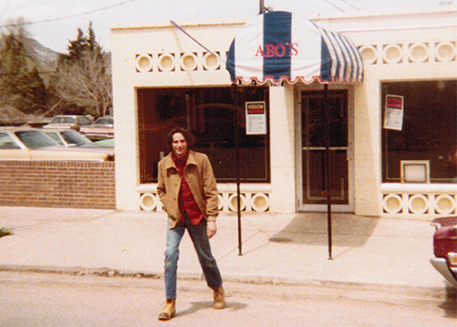 Steve Abo standing in front of the original Abo's Pizza — Boulder, 1977